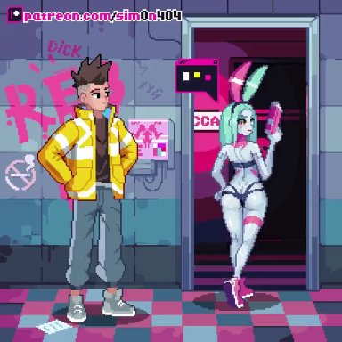 cyberpunk: edgerunners, david martinez (edgerunners), rebecca (edgerunners), simon404, blowjob, blue body, bunny ears, bunny girl, cybernetics, cyberpunk, cyberpunk girl, dick, doggy style, doggy style position, fucked from behind