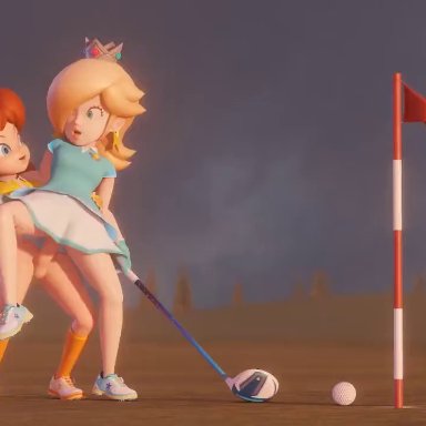 mario (series), mario golf, nintendo, princess daisy, princess rosalina, hipminky, 1futa, 1girls, big breasts, blonde hair, blue eyes, breasts, brown hair, clothing, cloud