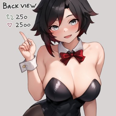 rwby, ruby rose, bluefield, 1girls, alternate breast size, bare shoulders, breasts, bunnysuit, cleavage, detached collar, female, highleg leotard, huge breasts, large breasts, leotard