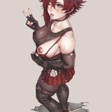 rwby, ruby rose, prinzkuon, 1girls, areolae, big breasts, black eyes, black hair, boots, bra, breast focus, breasts, clothing, exposed breast, female