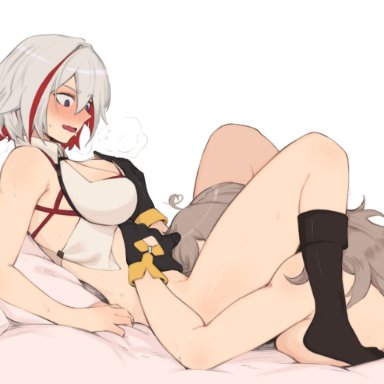 honkai (series), honkai: star rail, stelle (honkai: star rail), topaz (honkai: star rail), soulnark, 2girls, black gloves, black socks, blush, breasts, from side, gloves, grabbing, grabbing another's breast, grey hair