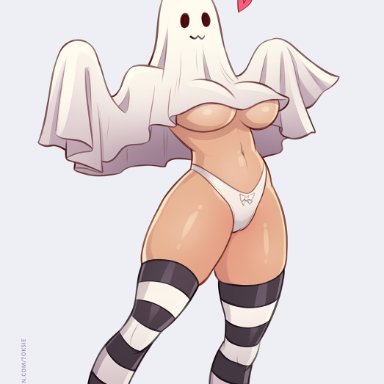 halloween, toksie, 1girls, breasts, female, female only, ghost, ghost costume, halloween costume, heart, large breasts, navel, panties, simple background, skindentation