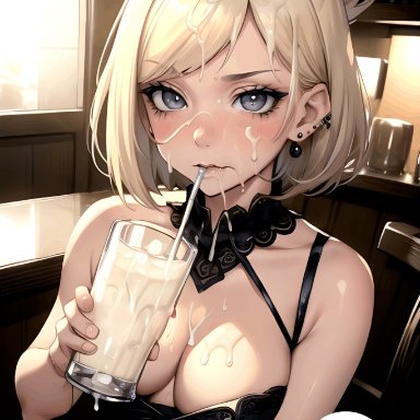 original, original character, taliredmint, after fellatio, after oral, after sex, blonde hair, bukkake, cheating female, cheating girlfriend, cheating wife, cum, cum drinking, cum on breasts, cum on face