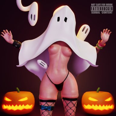 fortnite, fortnite: battle royale, helsie (fortnite), fatterrocker, 1girls, big ass, black thong, breasts, covered face, fishnets, ghost, ghost girl, small breasts, thong, white body