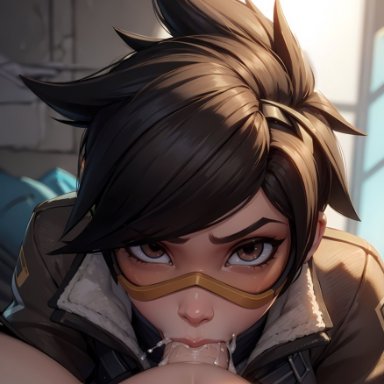 blizzard entertainment, overwatch, overwatch 2, tracer, puffyart, 1boy, 1boy1girl, 1girls, blowjob, brown eyes, cum in mouth, deepthroat, eye contact, fellatio, female