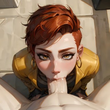 cyberpunk 2077, cyberpunk 2077: phantom liberty, aurore cassel, puffyart, 1girls, deep blowjob, earrings, eye contact, fellatio, female, kneeling, looking at viewer, male, oral, partial male