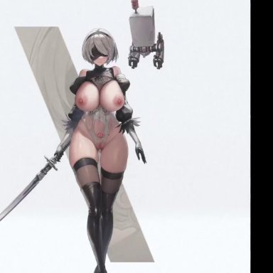 goddess of victory: nikke, nier, nier (series), nier: automata, yorha 2b, seireiko, ass, ass jiggle, ass shake, black blindfold, black high heels, black thighhighs, blindfold, bottom heavy, bouncing ass