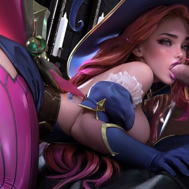 league of legends, tales from the rift series, bewitching miss fortune, sarah fortune, sevenbees, 1boy, 1girls, all fours, ass, blue gloves, elbow gloves, erection, gloves, hat, long hair