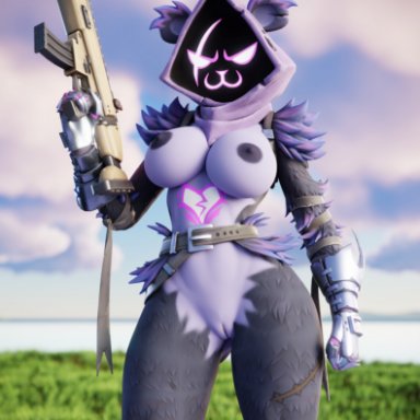 epic games, fortnite, raven team leader, s1nnerfox, angry, anthro, bear, breasts, female, genitals, gun, half-closed eyes, looking at viewer, mammal, narrowed eyes