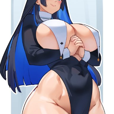 hololive, hololive english, hololive english -council-, ouro kronii, cromwellb, 1girls, blue eyes, blue hair, breasts, female, female only, hips, huge breasts, light skin, light-skinned female