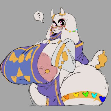 undertale, undertale (series), toriel, dedoggyskullz, ?, areolae, big areola, blush, boss monster, breasts, female, glasses, horns, huge breasts, large areolae