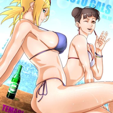 boruto: naruto next generations, naruto, naruto (series), temari, tenten, saburo des, 2girls, adapted costume, ass, beach, big ass, big breasts, bikini, bikini bottom, bikini top