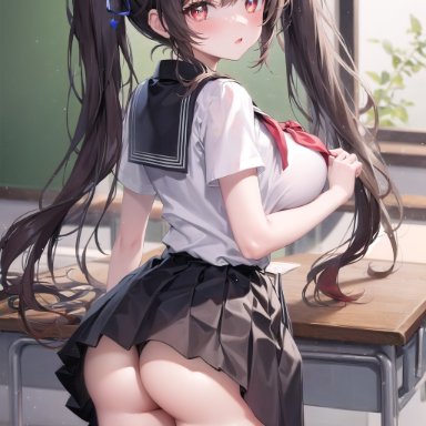 genshin impact, hu tao (genshin impact), 1girls, alternate costume, ass, ass focus, blush, breasts, brown hair, embarrassed, female, from behind, hair flower, hair ornament, large breasts