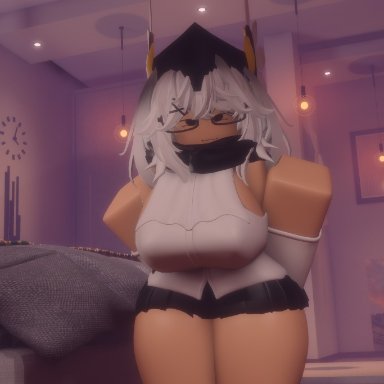 roblox, robloxian, niki okarin, big breasts, breasts, clothed, female, female only, glasses, looking at viewer, scarf, shoulderless shirt, skirt, smug, solo