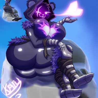 epic games, fortnite, fortnite: battle royale, raven team leader, snepqueen, asteroid, bear costume, bear ears, bear girl, big ass, big ass (female), big breasts, blowing kiss, clawed gloves, fused character