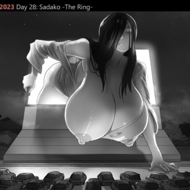 the ring, yamamura sadako, pectoriah, 1girls, big breasts, black hair, breast slip, busty, cars, curvaceous, curves, curvy, curvy body, curvy figure, dark hair