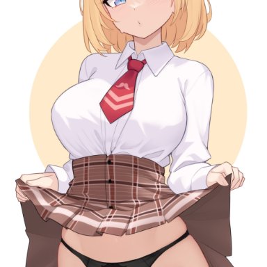 hololive, hololive english, watson amelia, moursho, 1girls, belly, black panties, blonde hair, blue eyes, blush, boobs, breasts, clothed, clothes lift, clothing