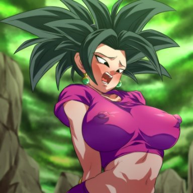 dragon ball, dragon ball super, dragon ball z, tournament of power, kefla, rom, 1girls, big breasts, black hair, blush, breast expansion, breasts, earrings, embarrassed, erect nipples