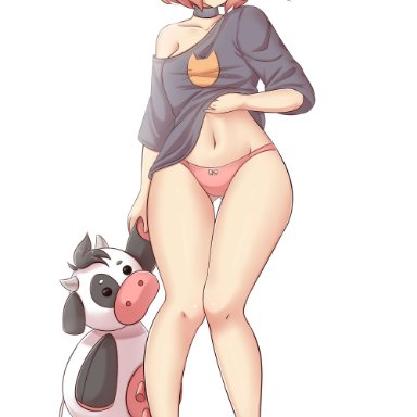 doki doki literature club, raionart, 5 toes, ass visible through thighs, background, bare legs, barefeet, barefoot, belly, belly button, bow, bow panties, brown hair, collar, cow plush