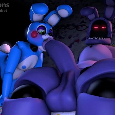 five nights at freddy's, foxy (fnaf), toy bonnie (fnaf), withered bonnie, withered foxy (fnaf), sfmmations, anal, anal knotting, cum in mouth, cum inside, cumflation, deepthroat, face fucking, facefuck, femboy