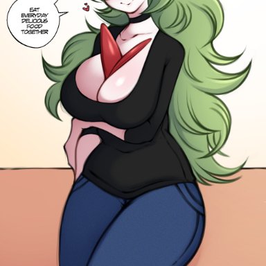 nintendo, pokemon, gardevoir, pokemon (species), saltyxodium, 1girls, alternate breast size, breasts, chest spike, clothed, female, green hair, hair over one eye, huge breasts, large breasts