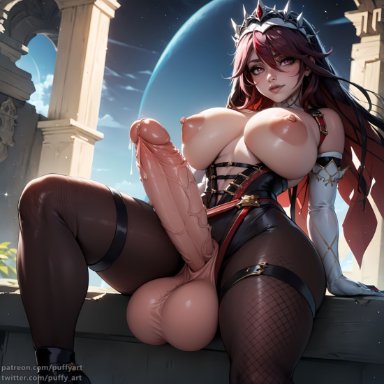 genshin impact, rosaria (genshin impact), puffyart, 1futa, balls, big balls, big breasts, big penis, breasts, clothed, dickgirl, fishnets, futa only, futanari, huge breasts