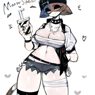 epic games, fortnite, meow skulls (fortnite), toge77789, togetoge, animal ears, anthro, belly button, belt, big breasts, black eyeshadow, blue fur, breasts, brown fur, calico cat