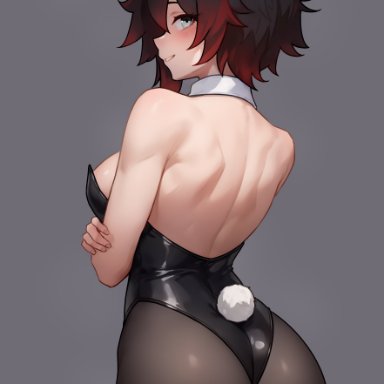 rwby, ruby rose, bluefield, 1girls, ass, bare shoulders, breasts, bubble butt, bunny ears, bunny girl, bunnysuit, crossed arms, detached collar, female, headband