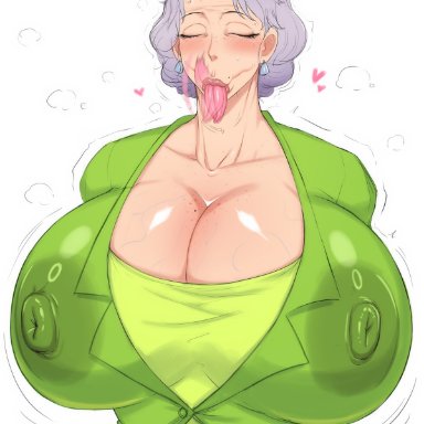 zxcv, areola bulge, areolae visible through clothing, big breasts, blush, breasts, cleavage, dick sucking lips, erect nipples, erect nipples under clothes, gilf, grey hair, huge breasts, large breasts, massive breasts