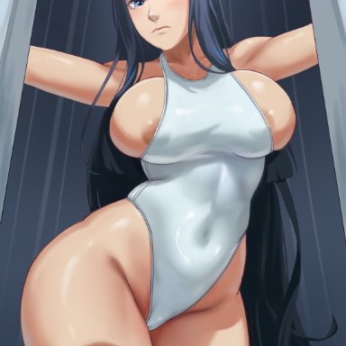 kill la kill, kiryuuin satsuki, ultrabinou, 1girls, black hair, blue eyes, breasts, competition swimsuit, female, highleg swimsuit, huge breasts, light skin, light-skinned female, long hair, one-piece swimsuit