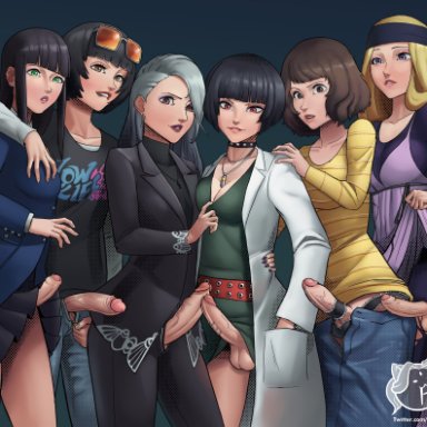 persona, persona 5, hifumi togo, ohya ichiko, sadayo kawakami, sae niijima, tae takemi, razillon, 6futas, balls, bangs, big penis, blonde hair, blue hair, blush