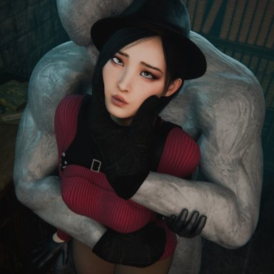 resident evil, resident evil 4 remake, ada wong, ada wong (adriana), mr x, lazper, 1boy, 1boy1girl, 1girls, 1monster, asian female, black hair, face grab, from behind, gloves