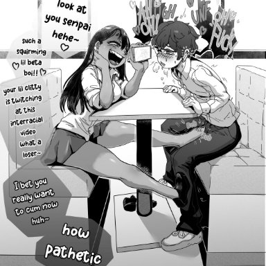 please don't bully me, nagatoro, hayase nagatoro, naoto hachioji (senpai), raizengax, 1boy, 1girls, cuckold, feet, female, footjob, male, small penis, small penis humiliation, english text, text