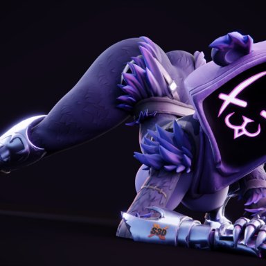 epic games, fortnite, raven team leader, anthro, ass up, bear, breasts, closed eyes, eye scar, facial scar, female, jack-o' pose, mammal, pose, scar