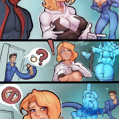 marvel, marvel comics, spider-man (series), gwen stacy, invisible woman, miles morales, mr fantastic, spider-gwen, spider-man, sue storm, markydaysaid, 1boy, 2girls, big ass, big breasts