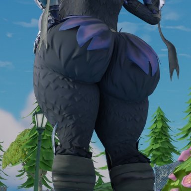 fortnite, raven team leader, bighotdaddycat, 1girls, ass, ass focus, clothed, facing away, firearm, furry, hood, shotgun, weapon, 3d, tagme