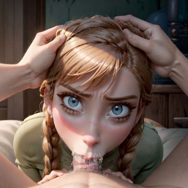 disney, frozen (film), anna (frozen), 1girls, angry, angry face, blowjob, blue eyes, braided hair, braided twintails, cum, cum in mouth, cum in throat, deepthroat, deepthroat mark