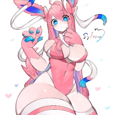 nintendo, pokemon, eeveelution, generation 6 pokemon, pok&#233;mon (species), pokemon (species), sylveon, toge77789, togetoge, adorable, anthro, big breasts, big legs, blue eyes, breasts