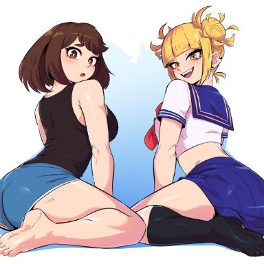 boku no hero academia, my hero academia, himiko toga, ochako uraraka, dashi art, 2girls, ass, barefoot, black shirt, black socks, blonde hair, blue shorts, blue skirt, blush, breasts