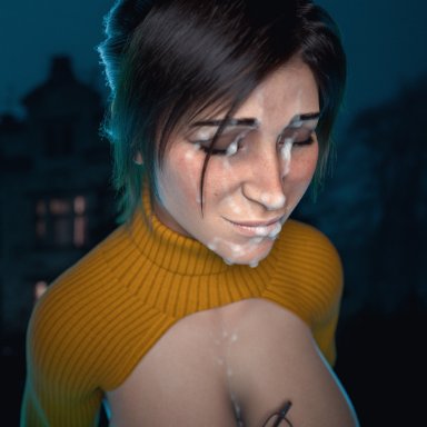 halloween, tomb raider, tomb raider (survivor), lara croft, lara croft (survivor), velma dinkley (cosplay), nudumart, 3d artwork, cum, cum drip, cum face, cum on face, facial, female, halloween costume