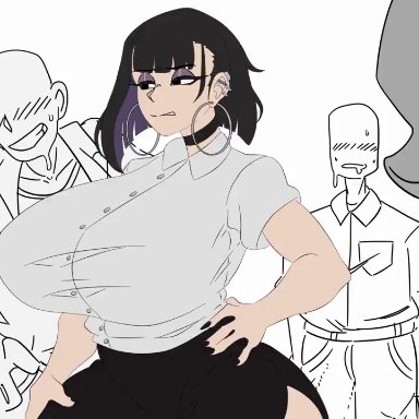 oc, original character, 0cyclop, 1girls, angry, angry face, annoyed, annoyed expression, big breasts, black hair, bouncing breasts, breasts, erect nipples, female, huge breasts