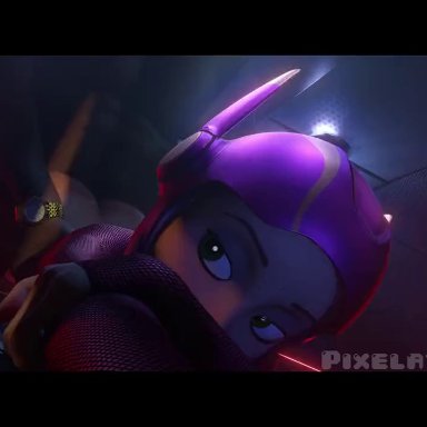 big hero 6, honey lemon, pixelatedblithe, blush, blushing at viewer, caught, clothed, costume, dark room, dark-skinned male, gesturing at viewer, green eyes, helmet, interracial, pov