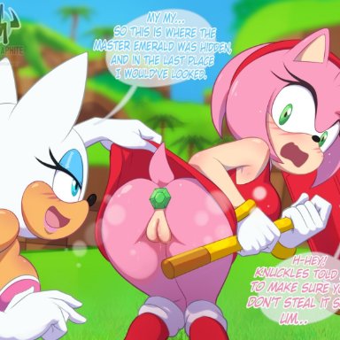 sega, sonic (series), sonic the hedgehog (series), amy rose, rouge the bat, hornygraphite, accessory, anal, anal object insertion, anal sex, anthro, armwear, ass, bat, big breasts