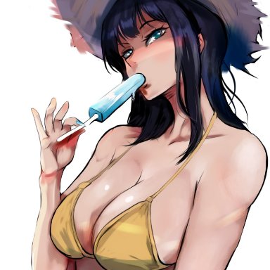 one piece, shounen jump, nico robin, artist request, big breasts, bikini, black hair, blue eyes, cleavage, female, female only, food, hat, looking at viewer, medium hair