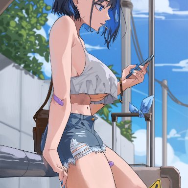 hololive, hololive english, hololive english -council-, ouro kronii, archinoer, 1girls, blue eyes, blue hair, booty shorts, breasts, female, huge breasts, light skin, light-skinned female, outdoors