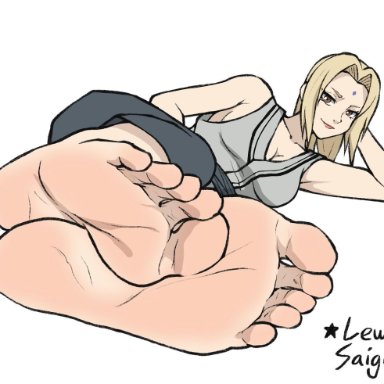 naruto, naruto (series), tsunade, lewdsaiga, 1girls, blonde hair, clothed, feet, female, female only, foot fetish, foot focus, laying on side, presenting feet, soles