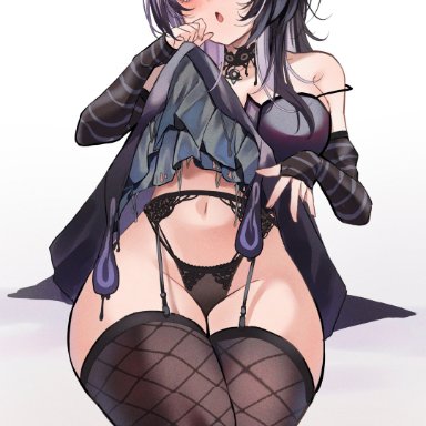 hololive, hololive english, hololive english -advent-, shiori novella, black hair, blush, breasts, clothes lift, dress, dress lift, female, garter belt, haruka ayane, large breasts, long hair