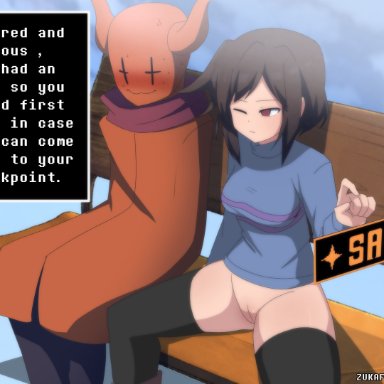 undertale, undertale (series), frisk, frisk (undertale), zukafu shimoto, bottomless, bottomless female, casual, casual exposure, casual nudity, exhibition, exhibitionism, exhibitionist, exposed pussy, imminent sex