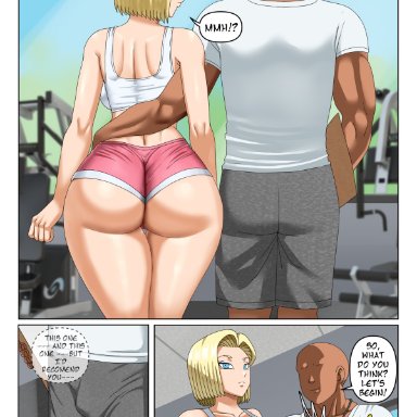 dragon ball, dragon ball super, dragon ball z, android 18, pinkpawg, 1boy, 1girls, ass, ass focus, bald, before sex, big ass, big breasts, blonde hair, blue eyes