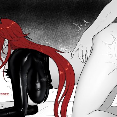 goddess of victory: nikke, red hood (nikke), lazier, ^^^, 1boy, all fours, ass, biting, biting lip, black gloves, blush, bottomless, breasts, cleavage, clothed female nude male